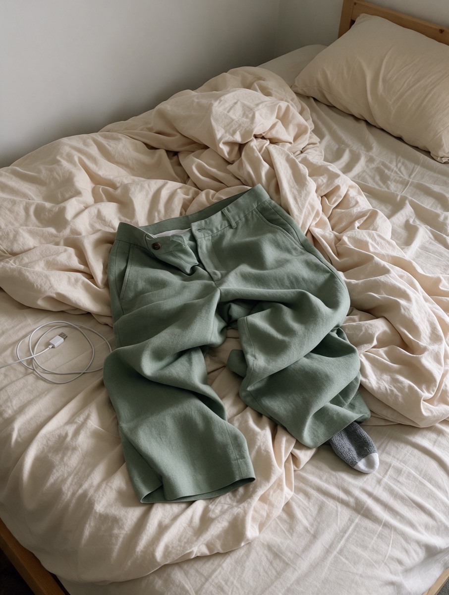 Sage trousers tossed on an unmade, cluttered bed, shot like a quick phone photo