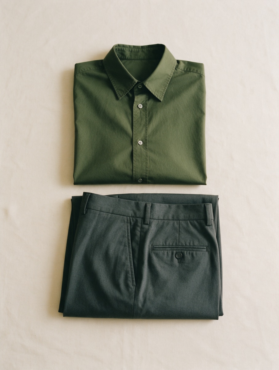 Olive shirt and charcoal trousers