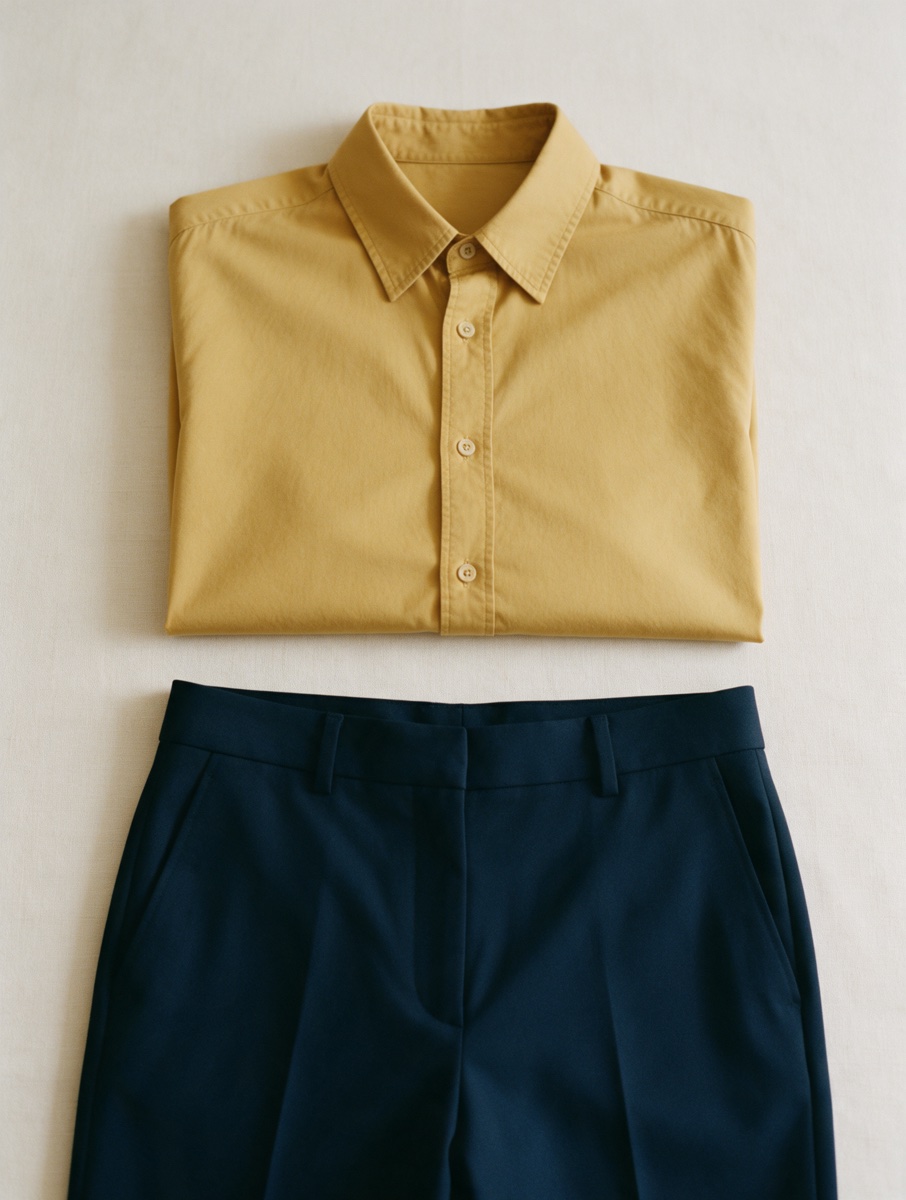 Mustard shirt and navy trousers