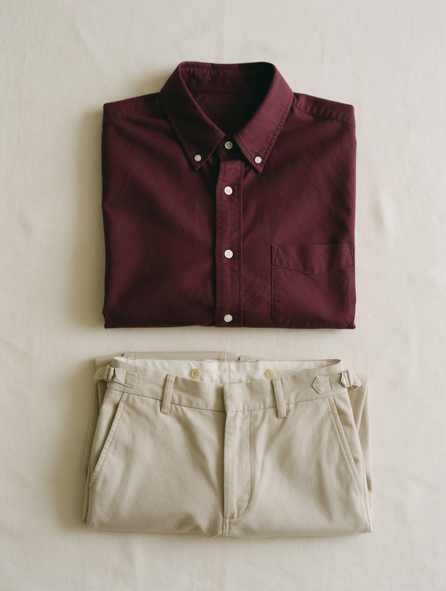 Burgundy shirt and stone trousers