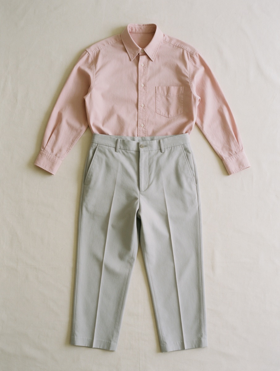 Dusty pink shirt and grey trousers