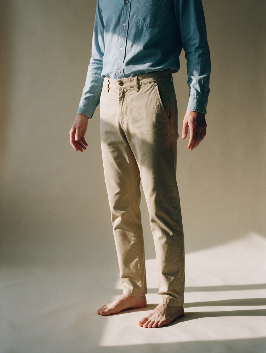 Blue chambray shirt and khaki trousers, worn