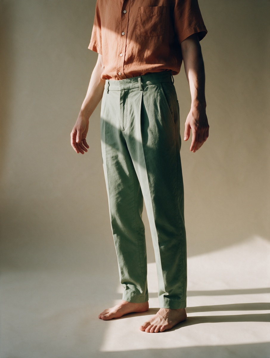 Terracotta shirt and sage trousers, worn