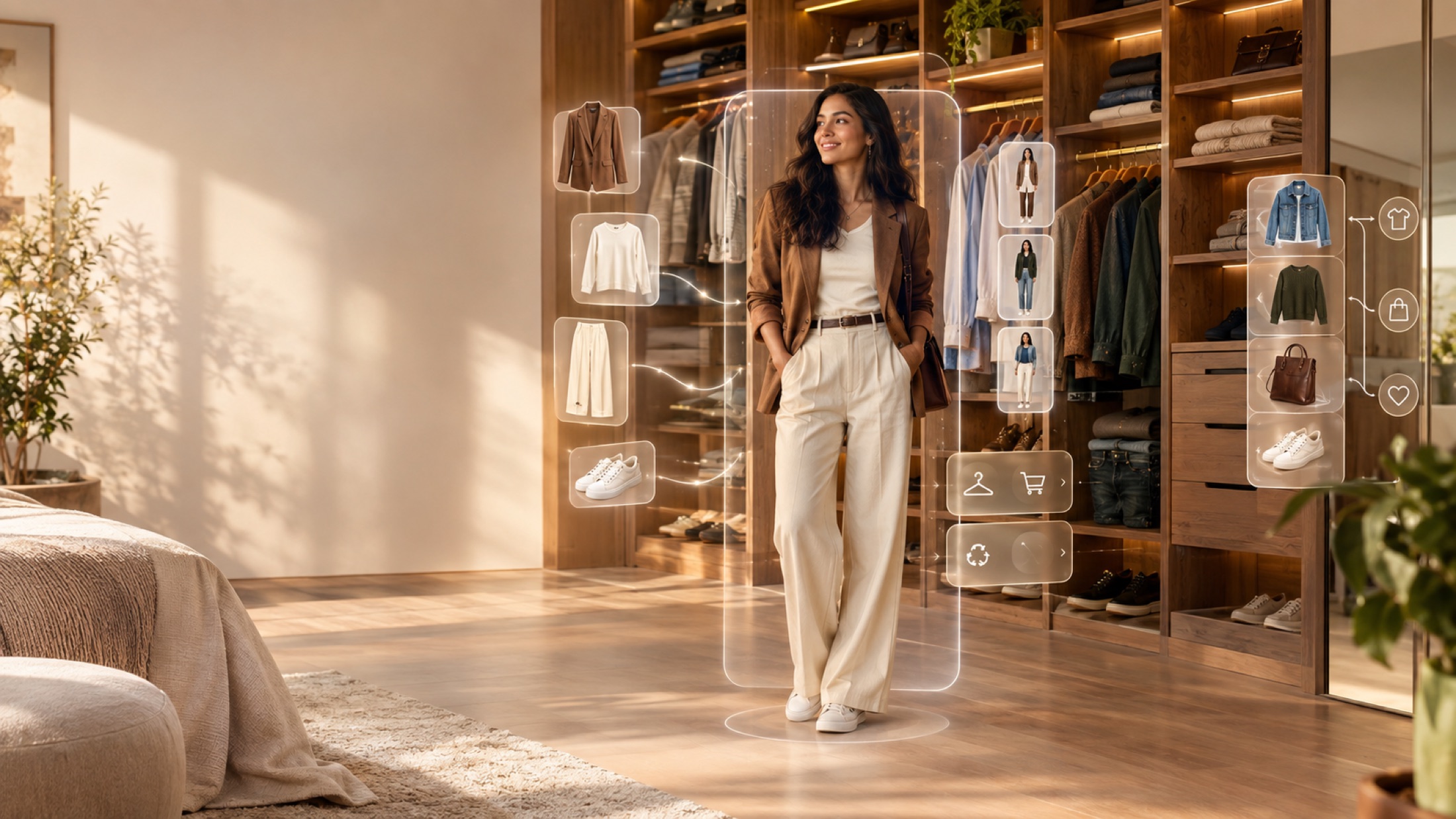 A sunlit walk-in wardrobe: a woman stands inside a translucent scan outline as garments float in from the rail around her, with glass panels suggesting outfit alternatives and wear, sell, donate actions